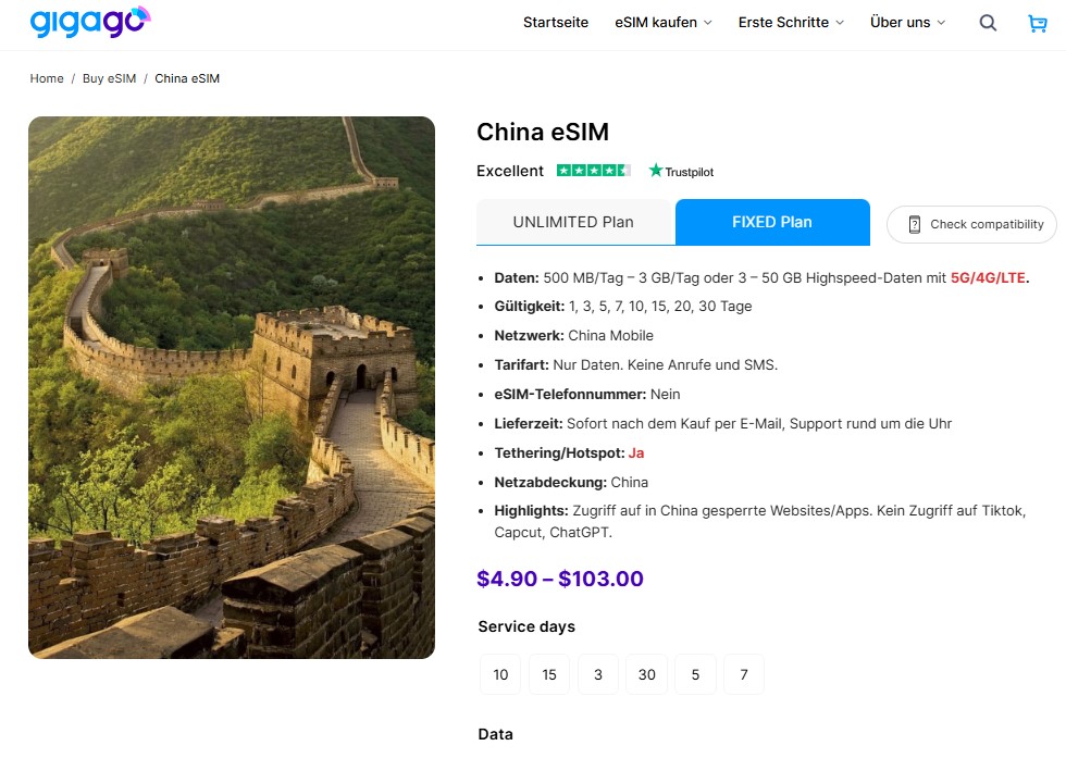 Gigago China eSIM ersetzt SIM-Karte