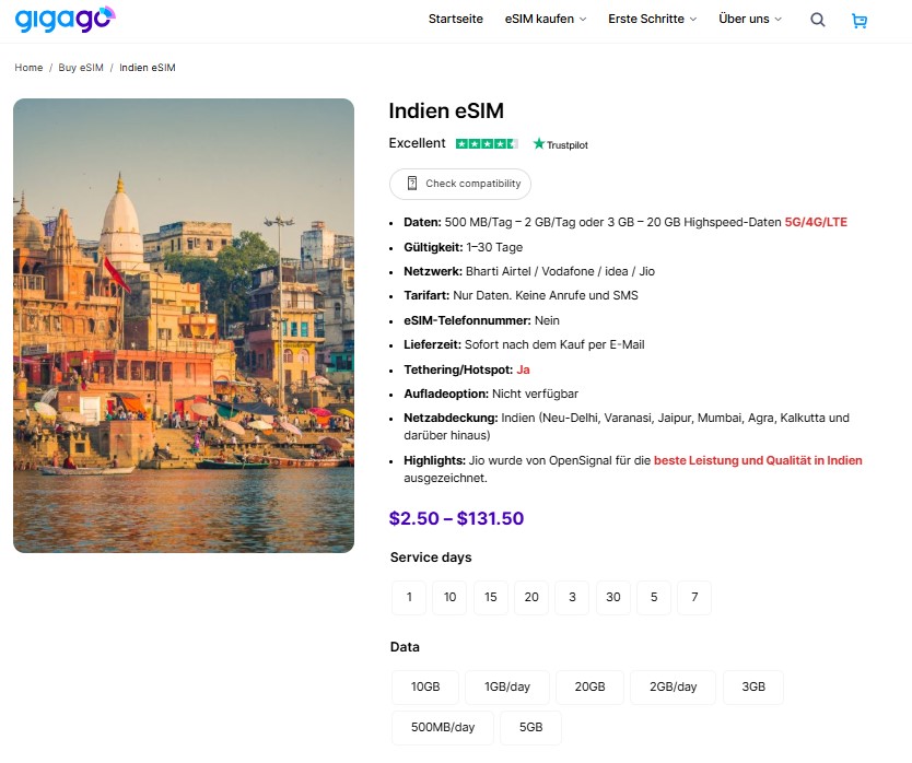 Gigago Indien eSIM alternative SIM-Karte