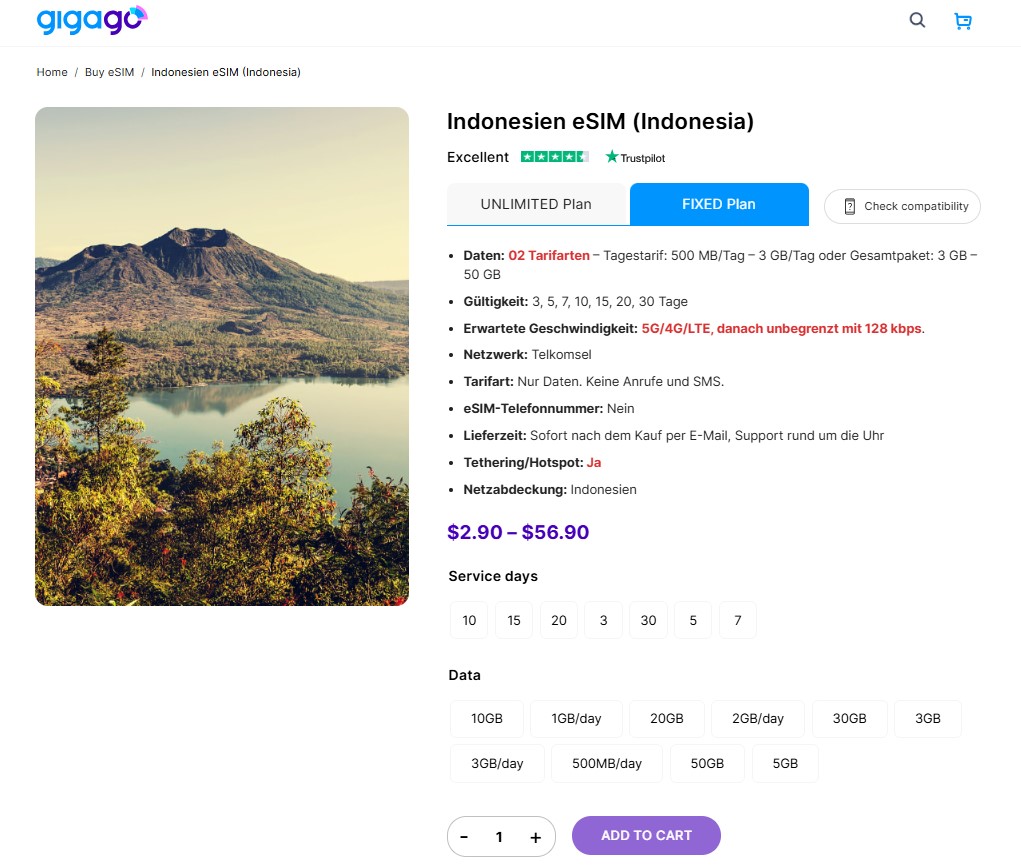 Indonesien eSIM von Gigago als Alternative zur physischen SIM-Karte