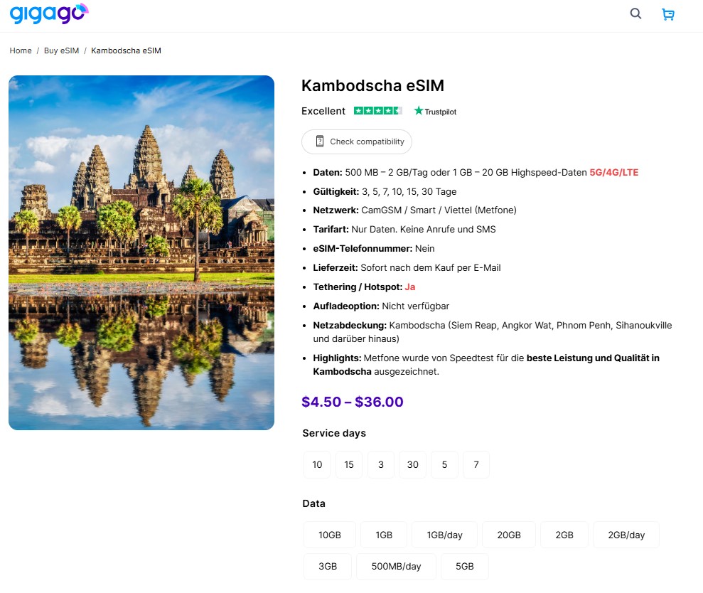 Kambodscha eSIM-Tarife für Touristen