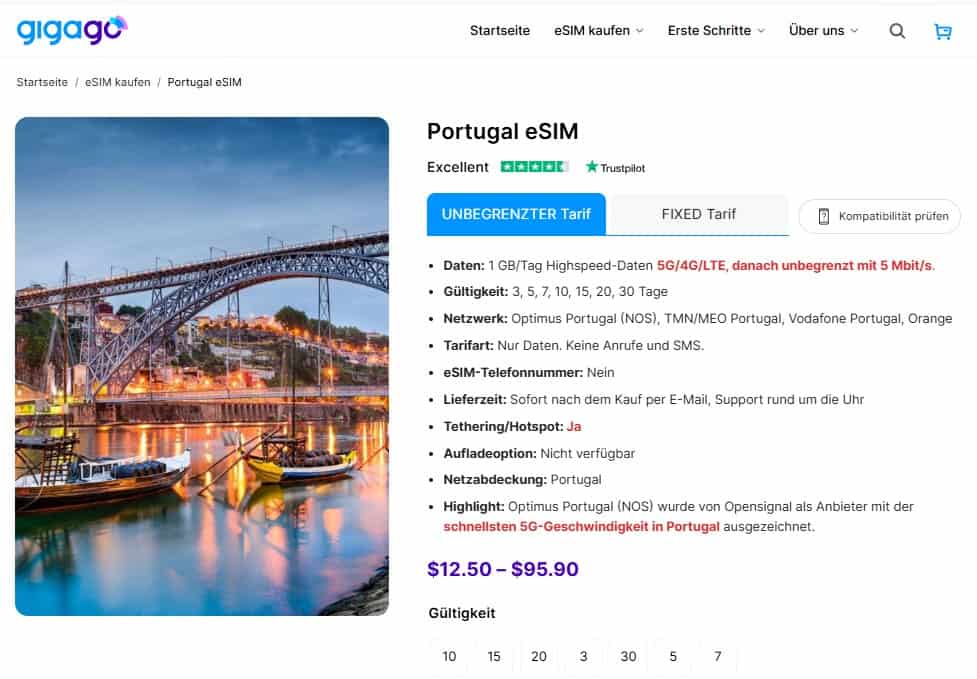 Portugal eSIM karte von Gigago
