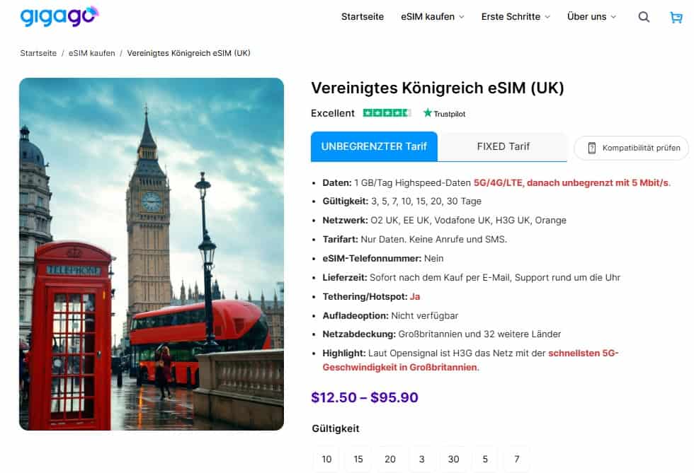Wettbewerbsfähige eSIM-Tarife von Gigago
