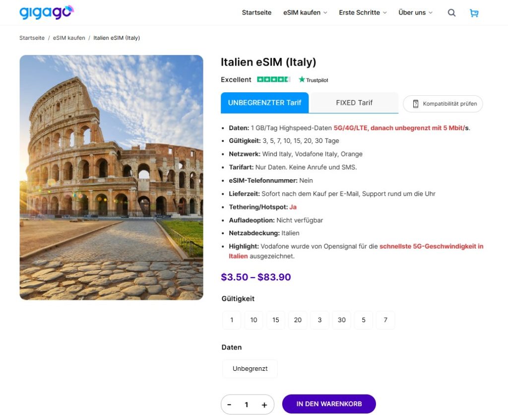 Die italienische eSIM von Gigago ist ein guter Ersatz für eine physische SIM-Karte.

