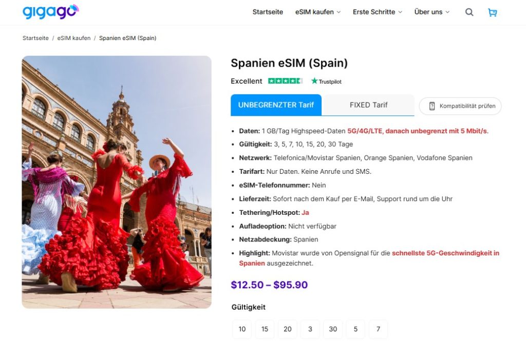 Spanien eSIM von Gigago