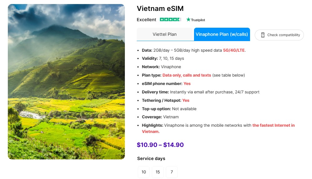 Vietnamesische E-SIM-Pläne von Gigago