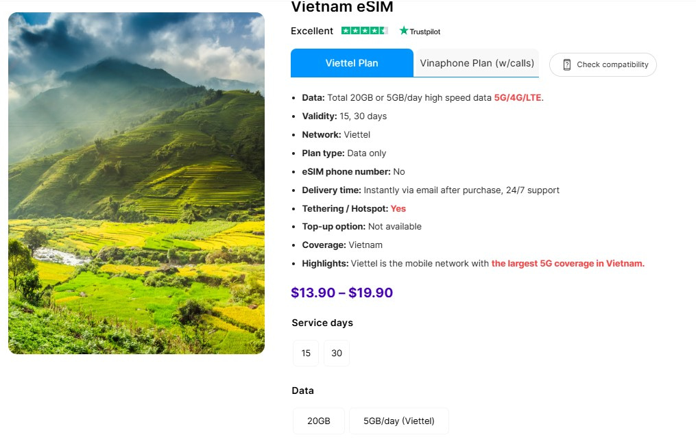 Vietnam eSIM-Tarife von Gigago, die von Viettel und Vinaphone abgedeckt werden