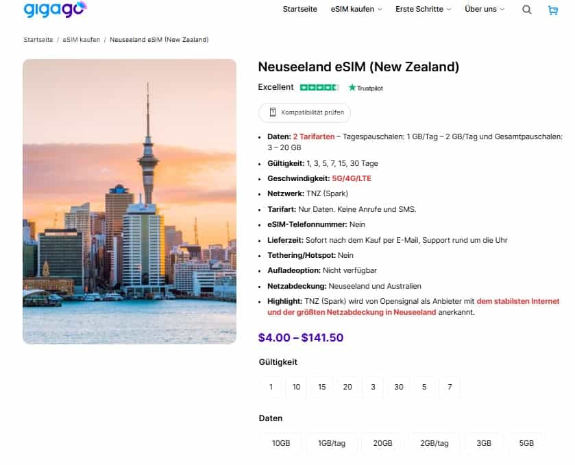 Gigago eSIM-Tarife für Neuseeland