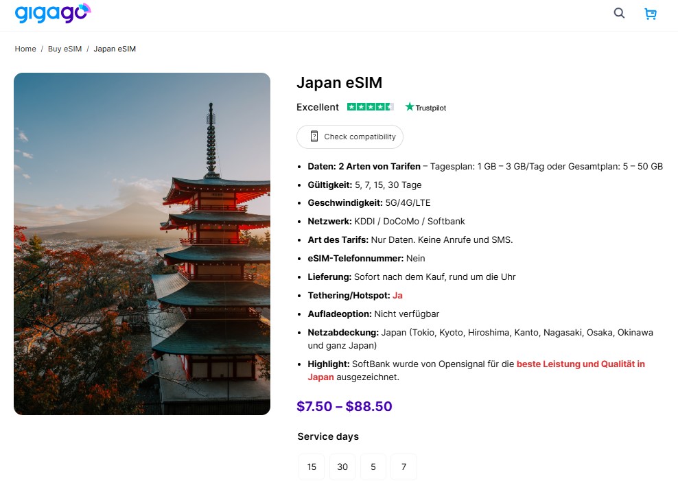 Japan eSIM von Gigago als Alternative zur SIM-Karte