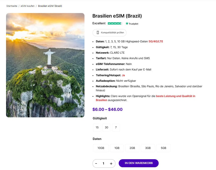 Gigago eSIM-Tarife für Brasilien