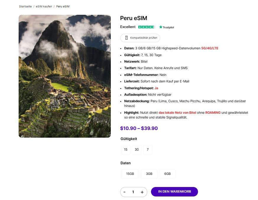Peru eSIM von Gigago