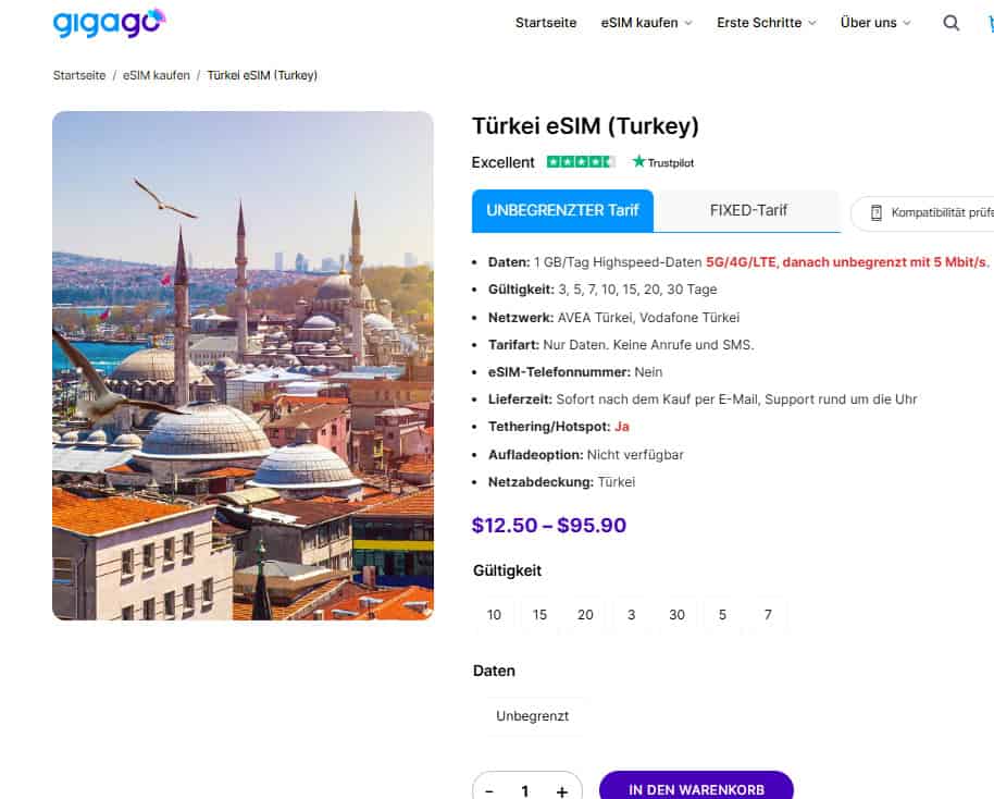 Turkei SIM Karter von Gigago