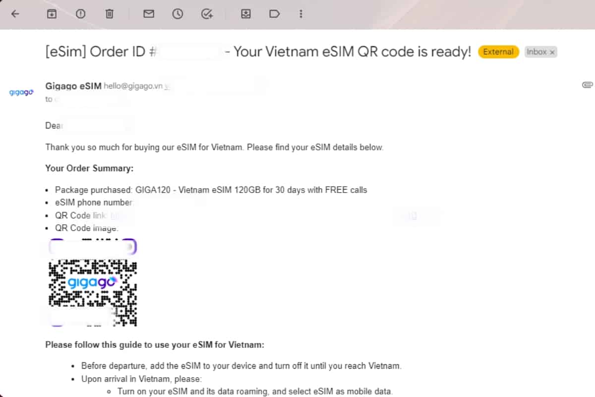 Email sent by Gigago - the carrier of Vietnam eSIM for customers.