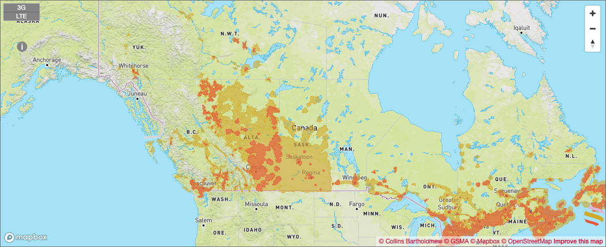 TELUS coverage map in Canada