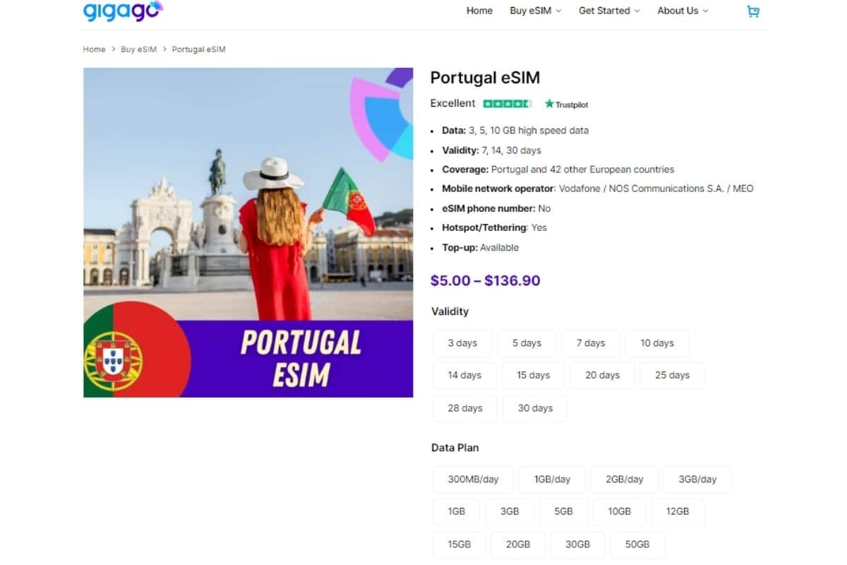 Products page Portugal eSIM GIGAGO