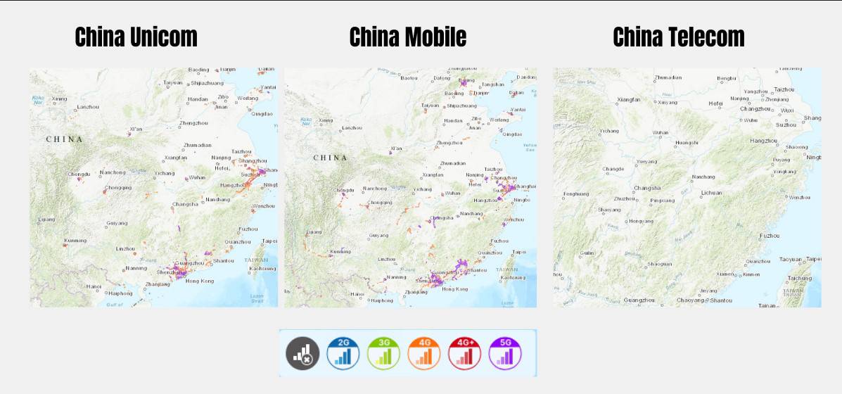 Cartes de couverture des opérateurs de téléphonie mobile en Chine. 