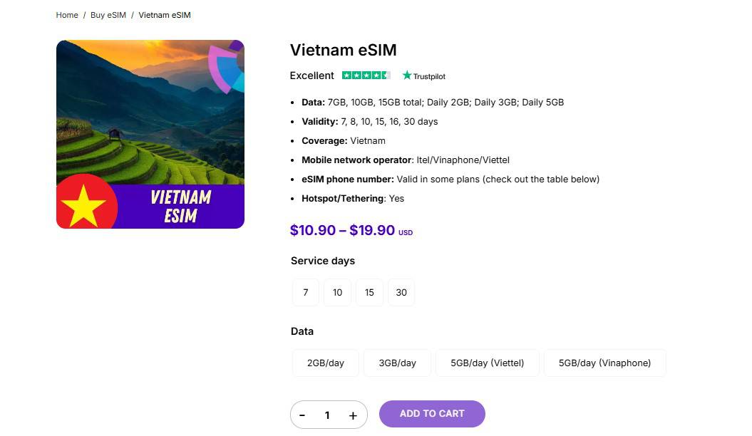 Vietnam esim plans by Gigago offer Vinaphone's eSIM