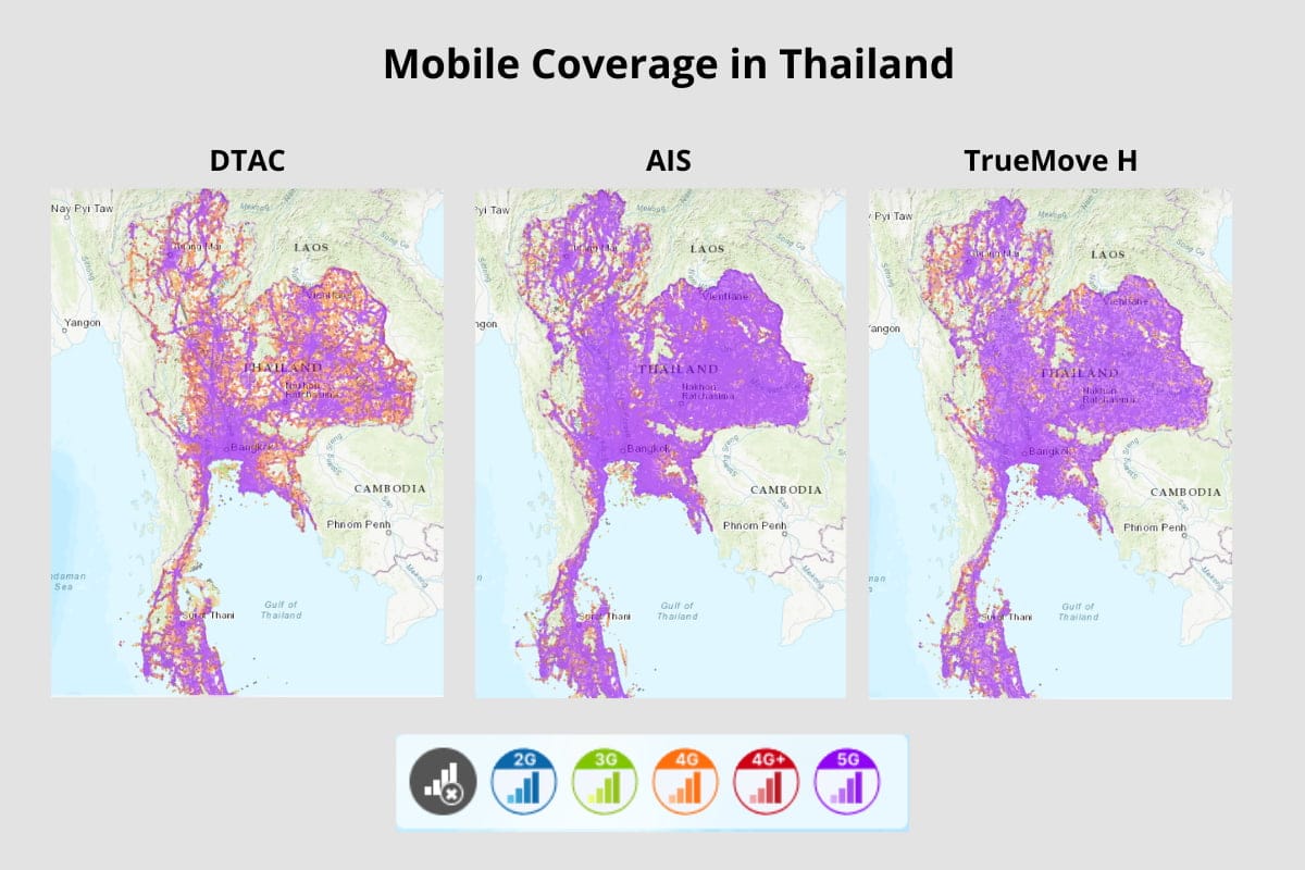 Couverture des réseaux des trois principaux opérateurs de téléphonie mobile en Thaïlande