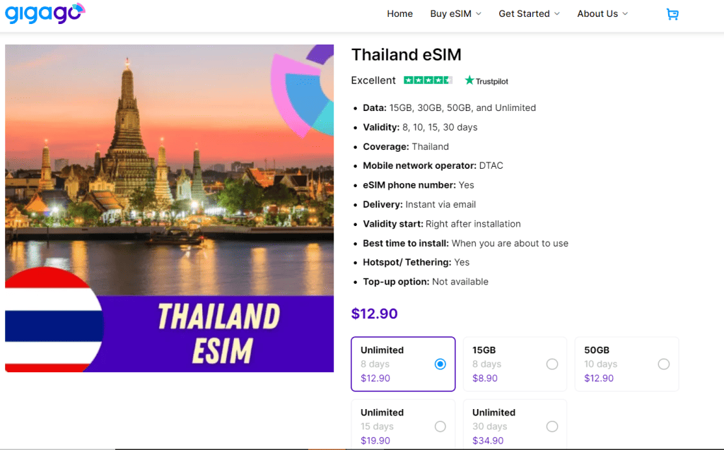 Gigago Thailand eSIM - alternative to roaming in Thailand