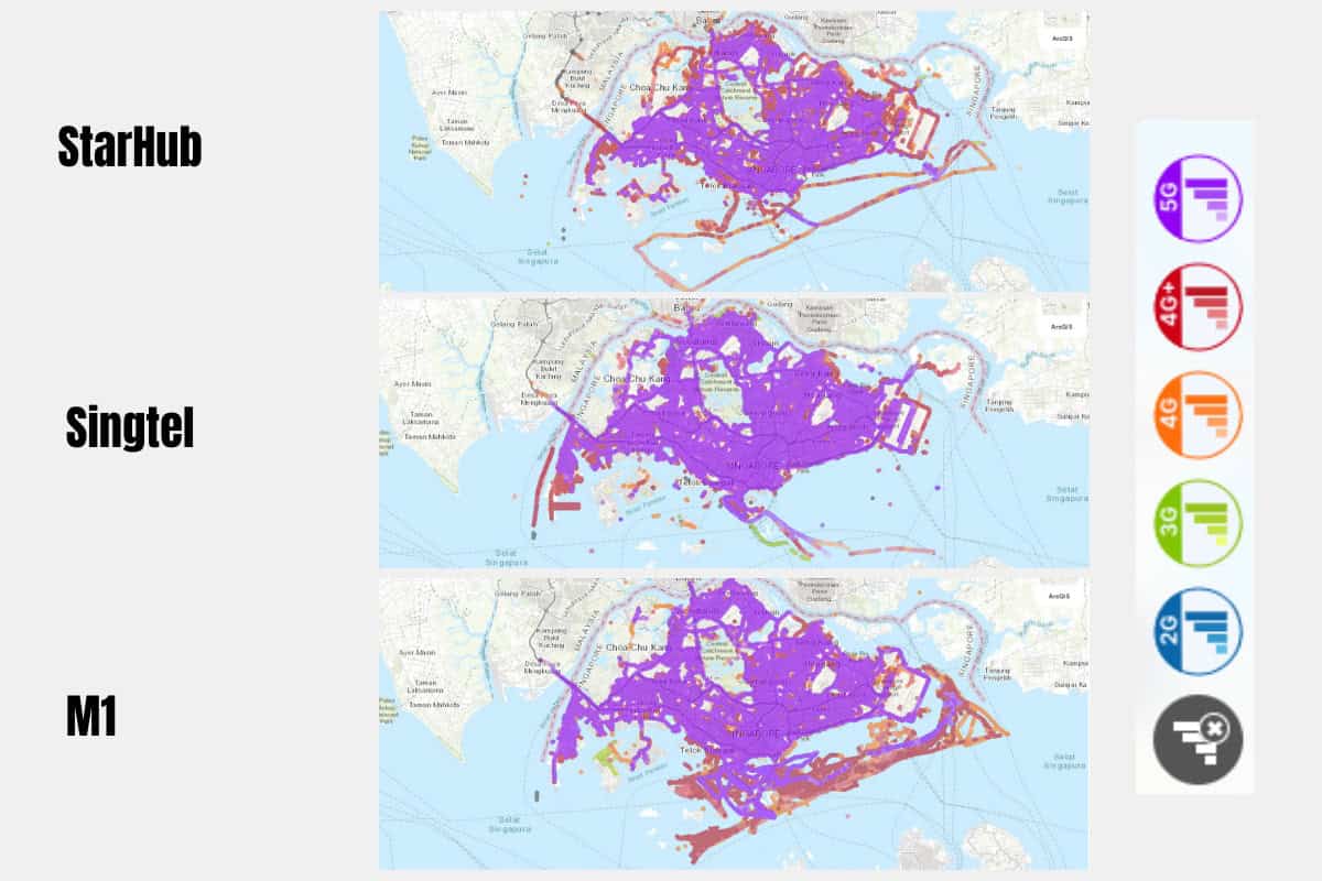 Coverage maps of mobile network operators in Singapore. Source: nPerf