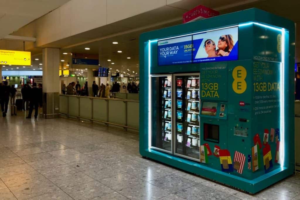 A kiosk sells UK SIM cards at UK airports