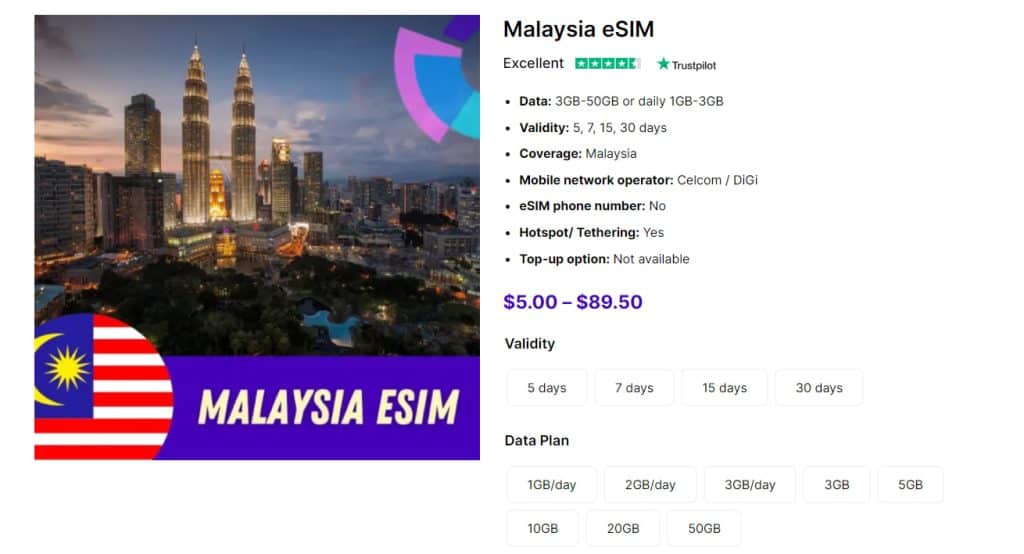 Malaysia eSIM by Gigago - ways to use cell phone in Malaysia