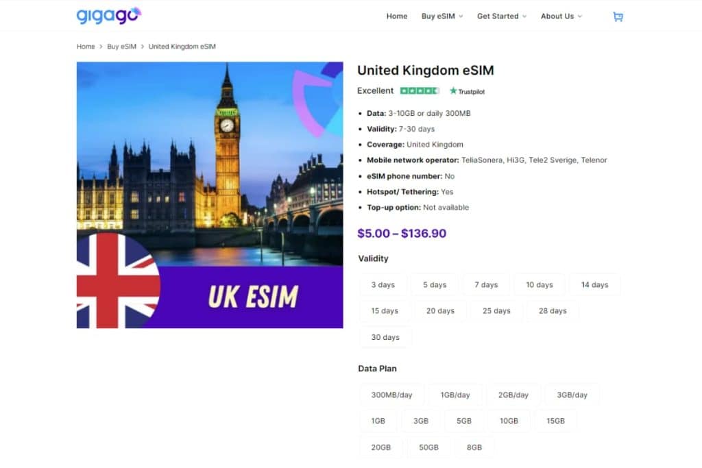 eSIM plans for the UK from Gigago