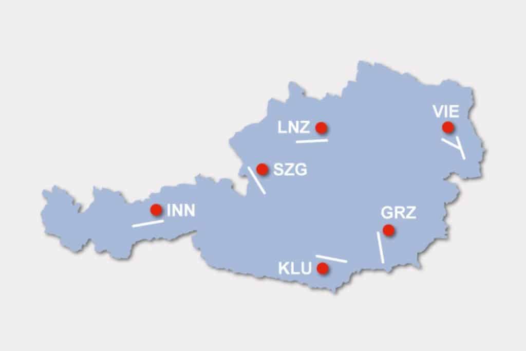 Map of some major airport in Austria