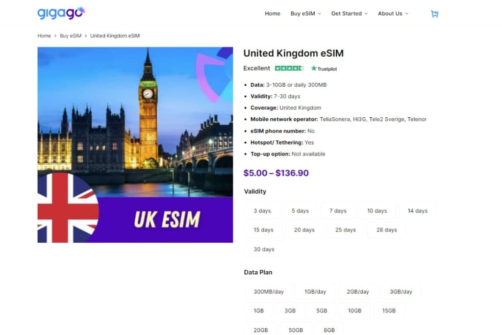 eSIM plans for the UK offered by Gigago