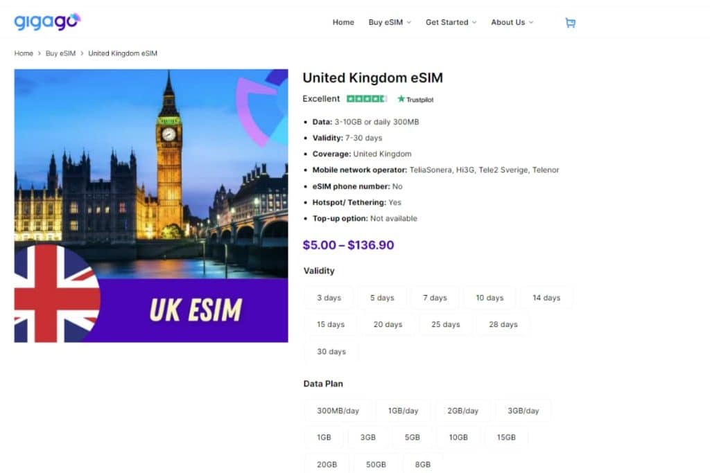 Affordable UK eSIM plans offered by Gigago