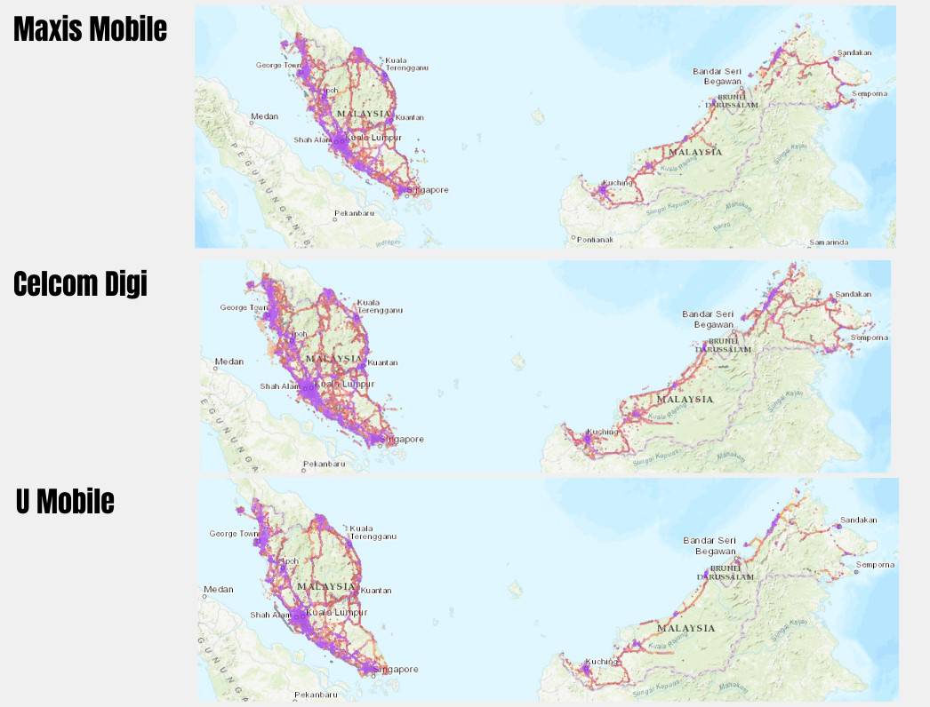 Cartes de couverture des opérateurs de réseau en Malaisie. Source: nperf