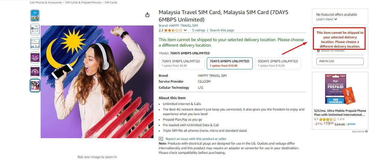 Malaysia SIM cards sold on Amazon