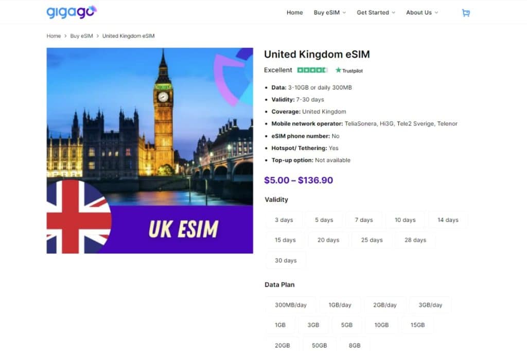 UK eSIM plans offered by Gigago