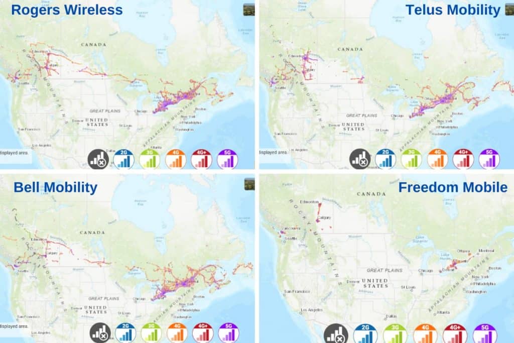 Coverage maps of Canada's four main mobile network carriers