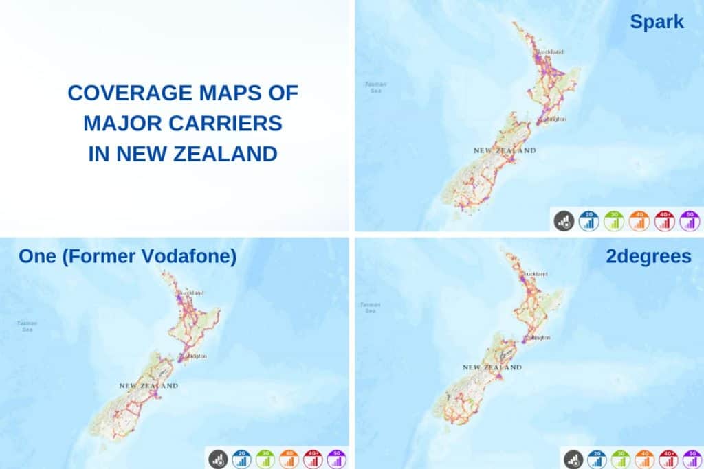 Coverage maps of main mobile network carriers in New Zealand