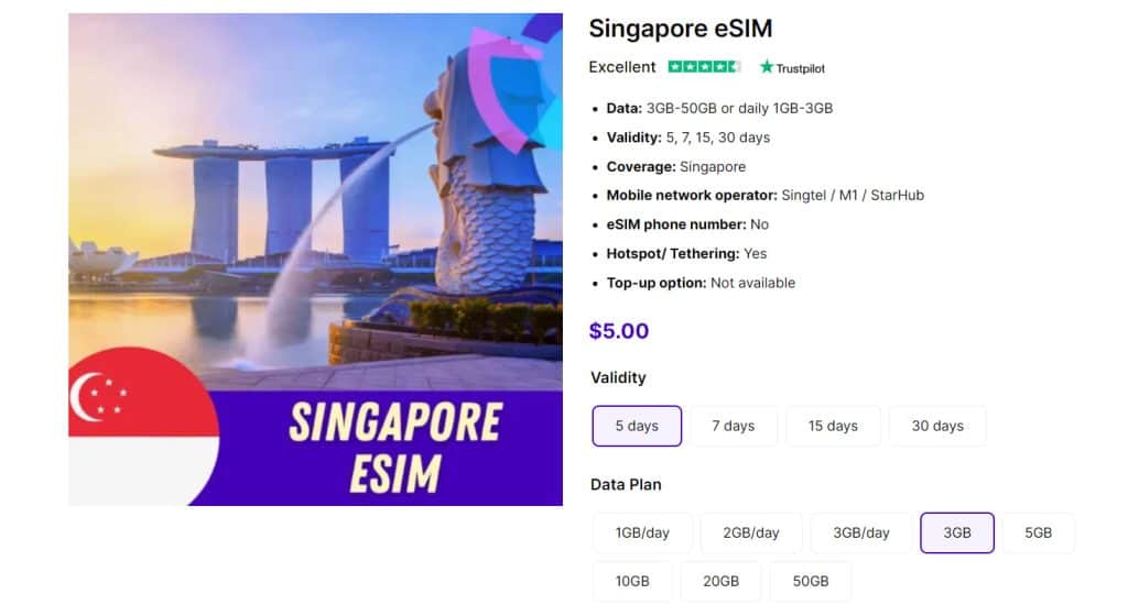 Singapore eSIM Gigago - option to use mobile internet Singapore