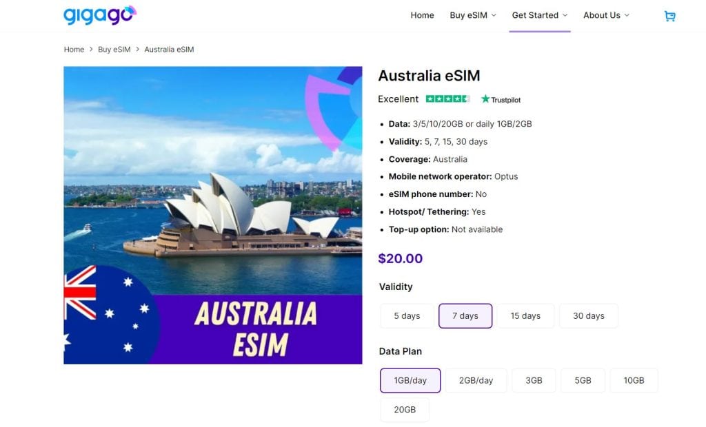 Gigago Australia eSIM - use Optus SIM card and eSIM