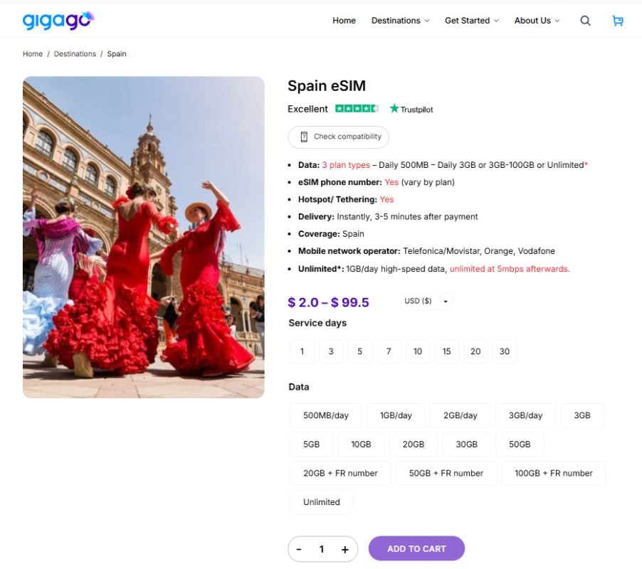 Spain eSIM by Gigago as an alternative to Movistar Spain