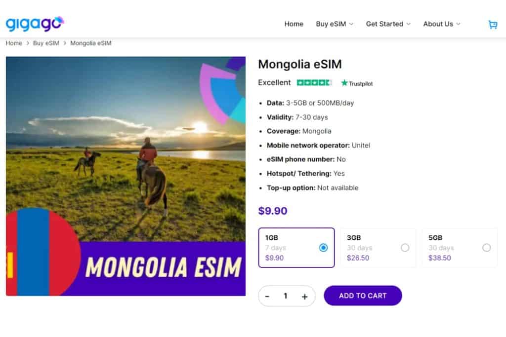 Mongolian eSIM plans offered by Gigago