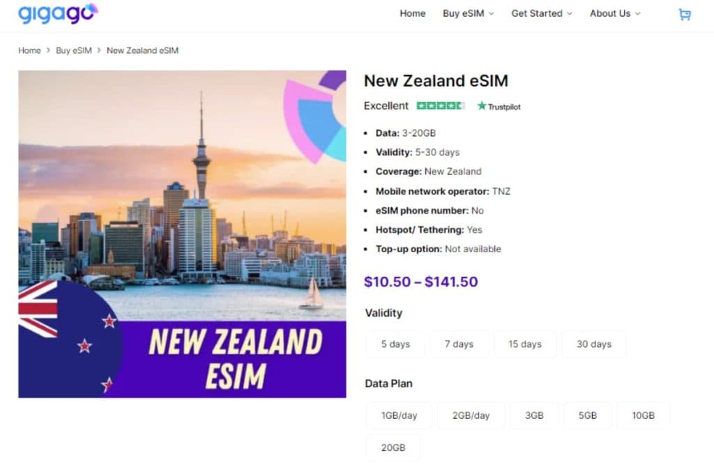 Gigago offers a lot of competitive eSIM plans for tourists to New Zealand