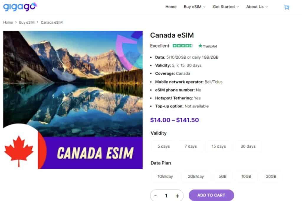 Gigago offers a wide range of Bell Mobility eSIM plans for tourists to Canada