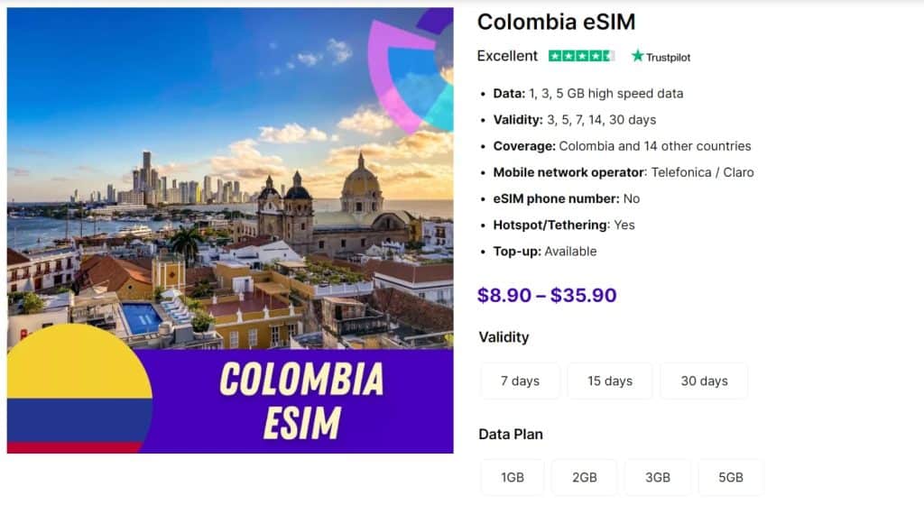Gigago provides travelers with various Colombia eSIM plans