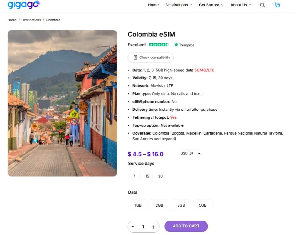 Colombia eSIM by Gigago as good alternative to Claro SIM cards