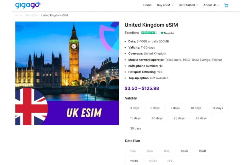 Gigago eSIM plans for tourists to the UK