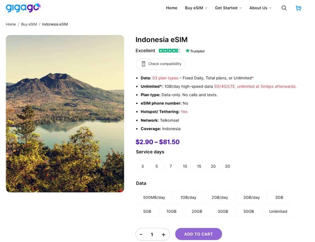 eSIM Indonesia Gigago plans