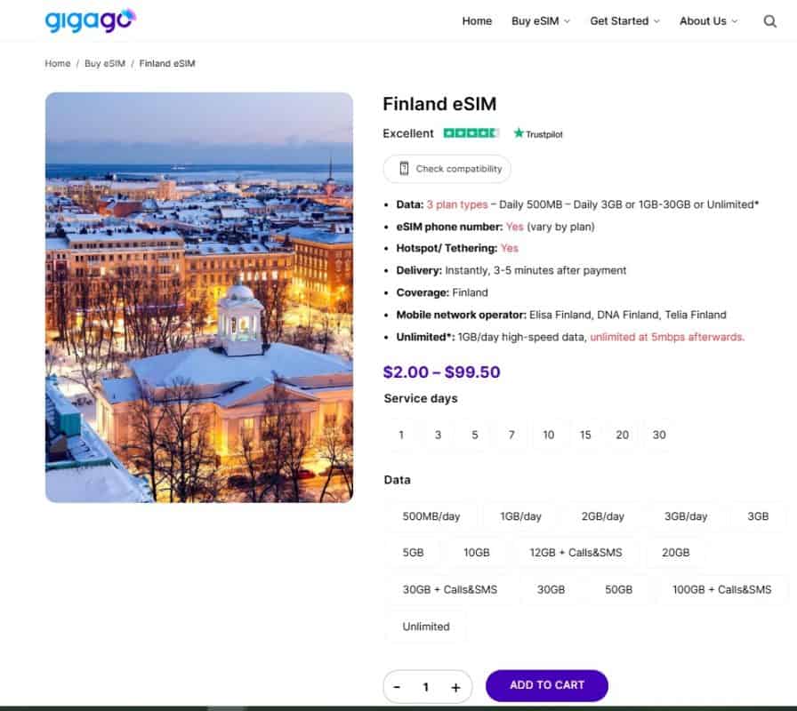 Finland eSIM plans by Gigago