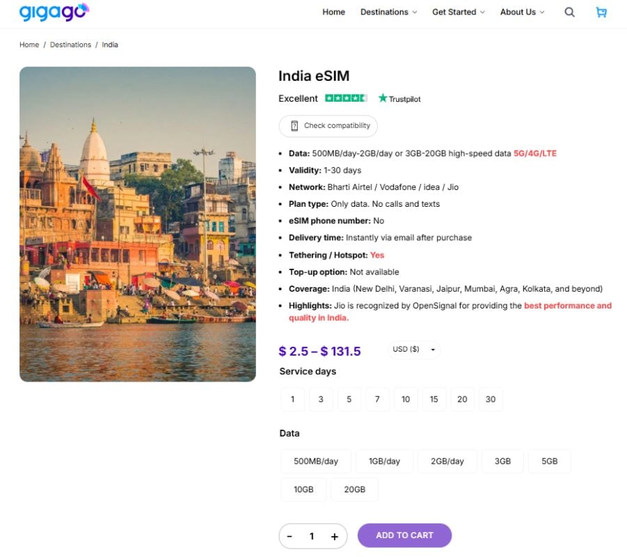 India eSIM by Gigago is a good alternative to BLR airport SIM card