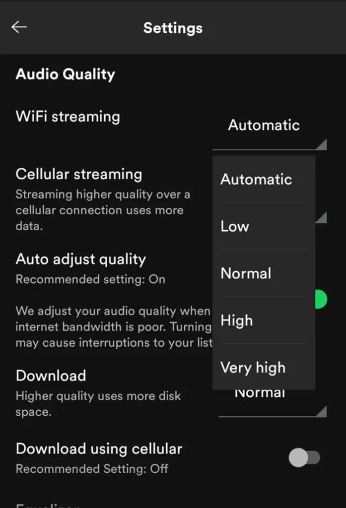 Customize audio settings - how much data spotify use