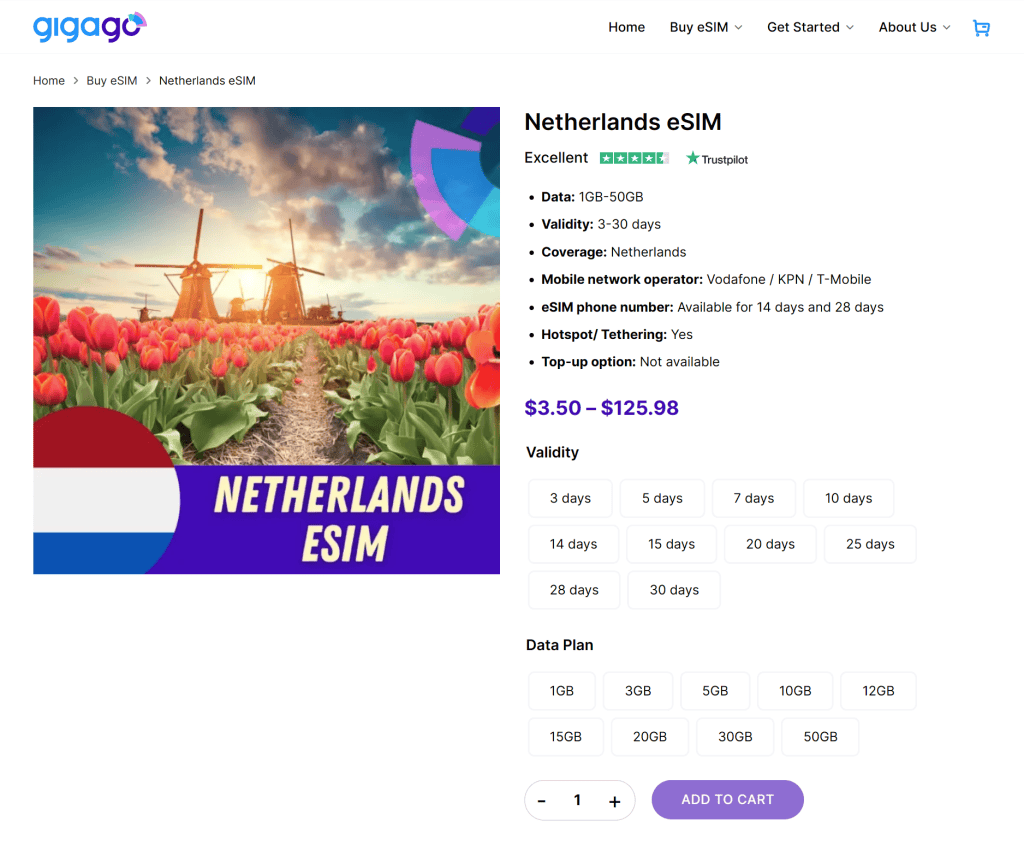 Gigago's Netherlands eSIM website