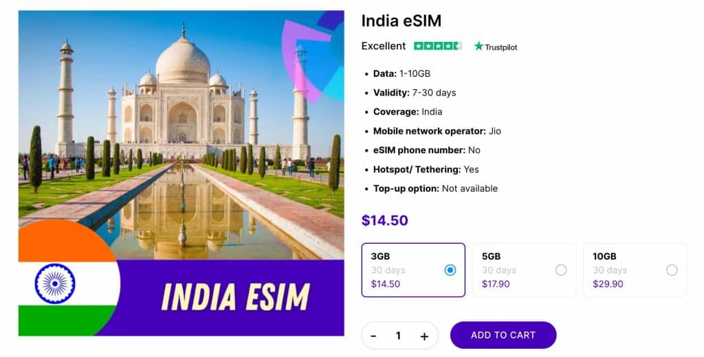India eSIM plans for tourists by Gigago