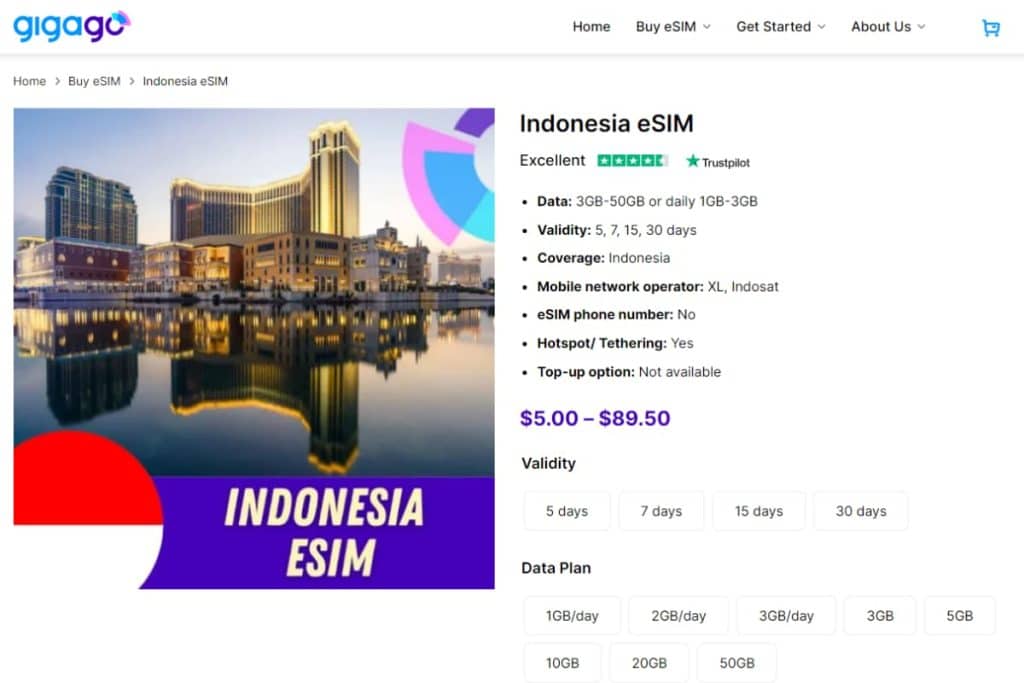 Gigago eSIM packages for Jakarta, Indonesia